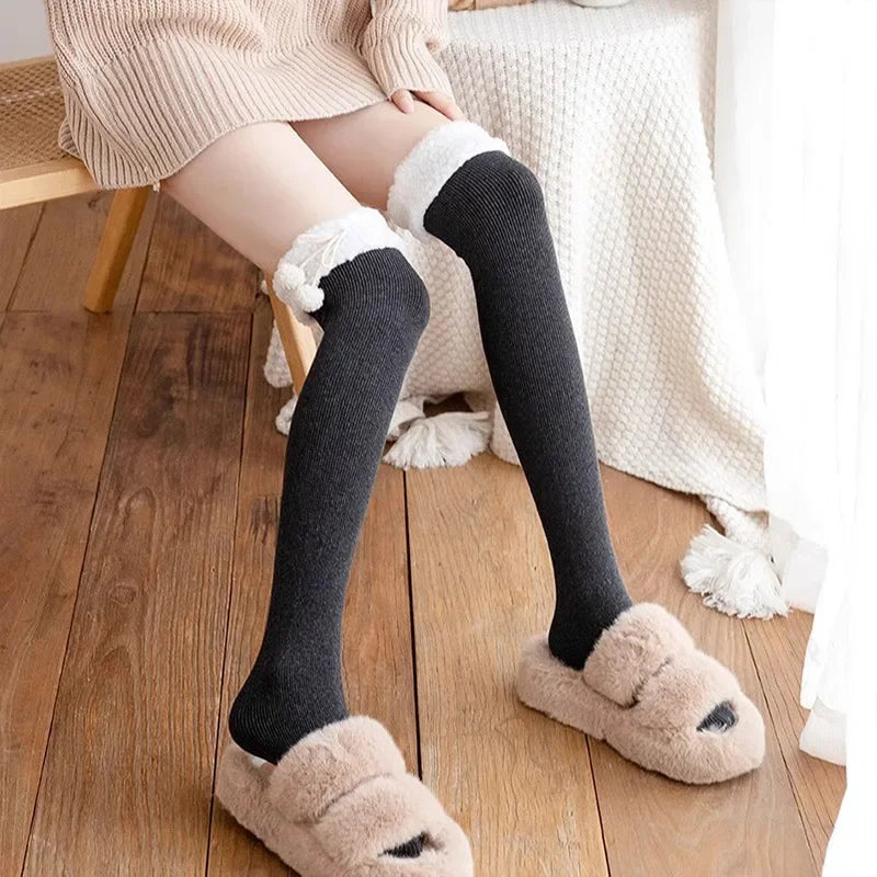 Winter Women Stockings Warm Wool Cashmere Thigh High Sock Korean Lolita Sweet Girl Cute Pompom Over Knee Long Socks